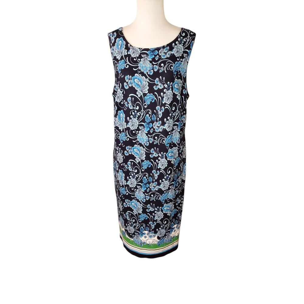 Chico's Sz 3 Shift Dress Floral Ponte Blue Green White Sleeveless Chicos XL 16